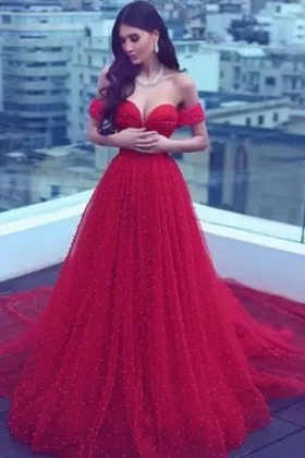 Red polka dot tulle sweetheart off the shoulder princess engagement prom dress