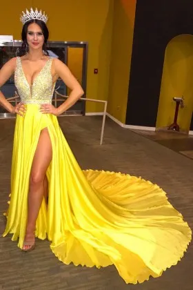 Sparkly beaded yellow satin high split long train pageant prom dress