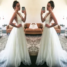 Sexy cut out white satin and tulle V neck floor length formal gown