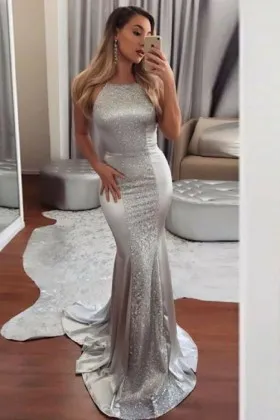 Gorgeous silver satin body hugging mermaid floor length prom dress