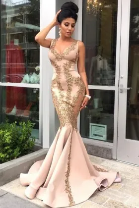 Gold Lace Appliqued Blush Nude Mermaid 