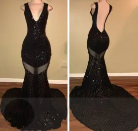 Sparkly black sequin backless deep V neckline mermaid prom dress