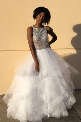 Sparkly beaded bateau neckline tiered white tulle ball gown prom dress