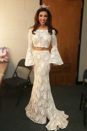 Ivory lace flattering two piece mandarin long sleeve mermaid pageant dress