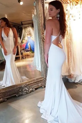 Sexy off white spandex backless V neck mermaid floor length formal dress