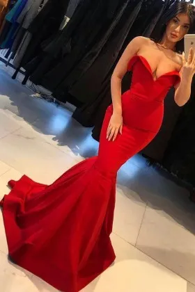 Uniquely elegant red strapless slim fit trumpet floor length formal dress