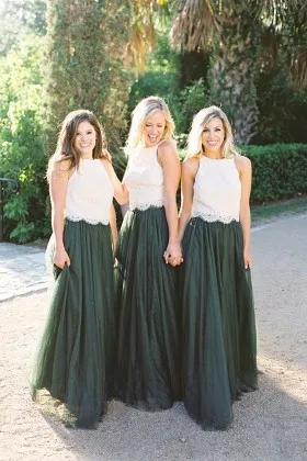 Ivory lace and dusty green tulle two tone casual long bridesmaid dresses