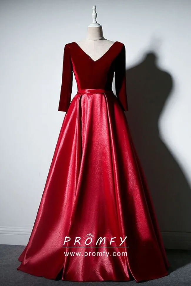 Red Satin 3/4 Sleeve Formal Dress 