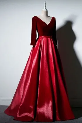 Dark red velvet and red satin vintage V neck 34 sleeve formal dress