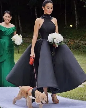 Unique black satin tea length halter neck ball gown bridesmaid dress