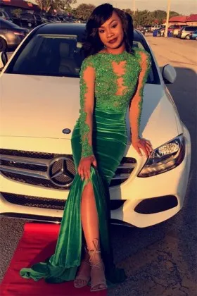 beaded green lace and velvet long sleeve mermaid African American prom dress