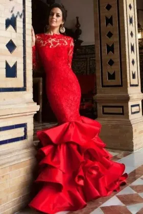Stunning red lace and satin trumpet long sleeve formal dress