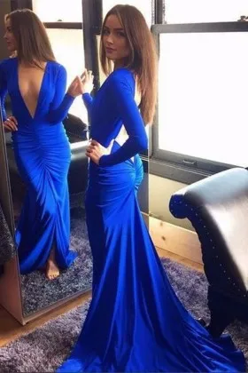 Sexy royal blue pleated jersey plunging V neckline long sleeve prom dress