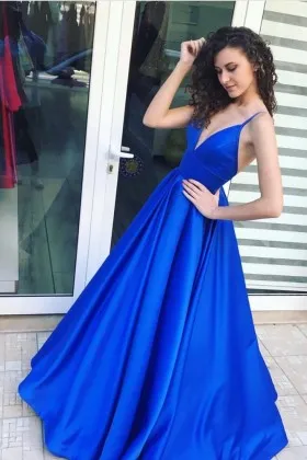 Simple yet sexy royal blue satin deep V neck puffy A line military ball dress