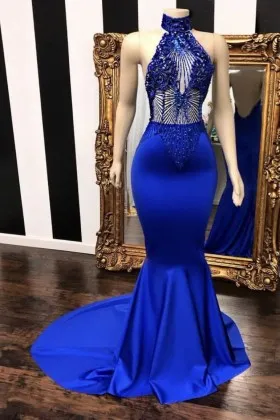Delicate illusion beaded royal blue mermaid floor length pageant formal dress