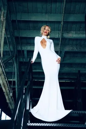white spandex mermaid sexy cut out bodice long sleeve formal dress
