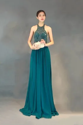 Sparkly beading teal chiffon crew halter neck long wedding guest prom dress