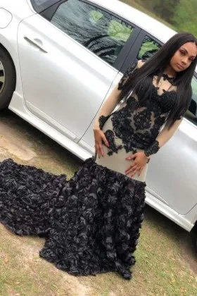Classic black lace appliqued long sleeve 3D rose mermaid prom dress