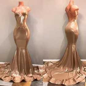 Uniquely shiny bronze V neck open back spaghetti straps mermaid prom dress