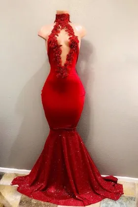Red floral appliqued plunging bodice and high neckline long pageant dress