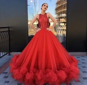 Red sequin and tulle modern ball gown prom dress pageant gown