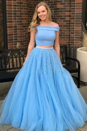 sky blue satin and tulle two piece pearl embellished designer formal ball gown