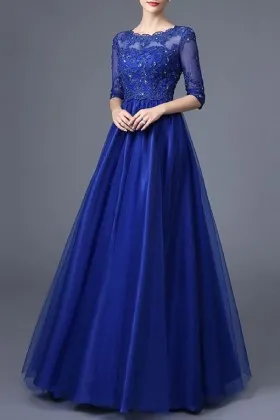 Elegant cobalt blue beaded half sleeve scalloped jewel neck long formal dress