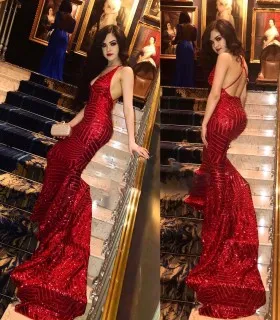 Amazing red striped sequin open back plunging V neck mermaid formal dress