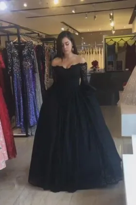 Timeless black lace off the shoulder long sleeve ball gown formal dress