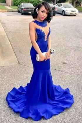 Sexy illusion lace and spandex backless flounced mermaid long prom dress