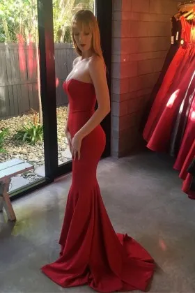 Elegant strapless sweetheart red spandex mermaid long designer formal dress