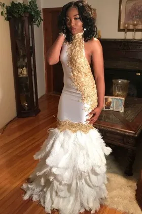 unique gold lace appliqued high neck white feather mermaid long prom dress