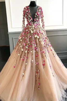 Exquisite 3D flowers long sleeve champagne tulle full A line formal dress