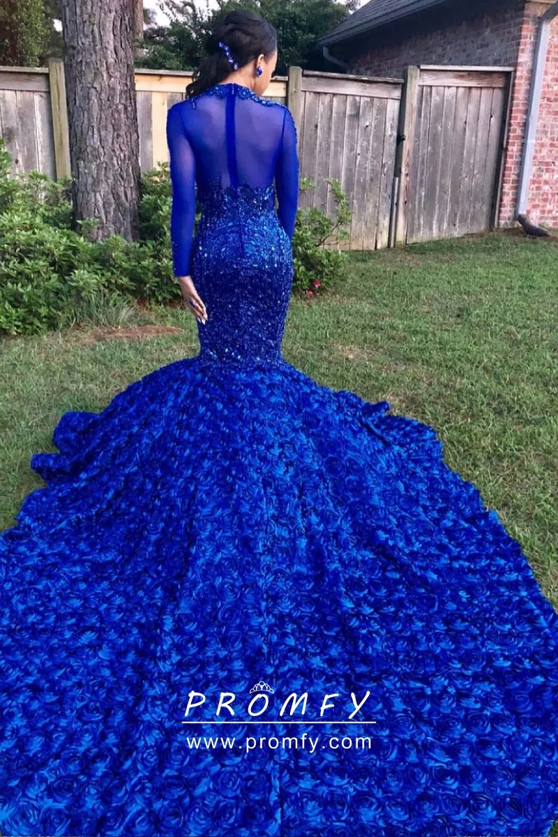 Beaded Cobalt Blue Illusion 3D Rosette Prom Dress - Promfy