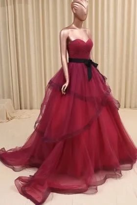 Charming wine red tulle strapless sweetheart ball gown prom dress