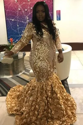 gold abstract sequin and 3D rose long sleeve mermaid African American plus size dress