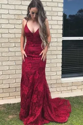 Elegant floral ruby lace V neck open back spaghetti straps mermaid formal dress