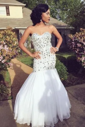Strapless sweetheart beaded drop waist white mermaid long prom dress