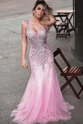 Sparkly beaded candy pink tulle mermaid floor length long prom dress