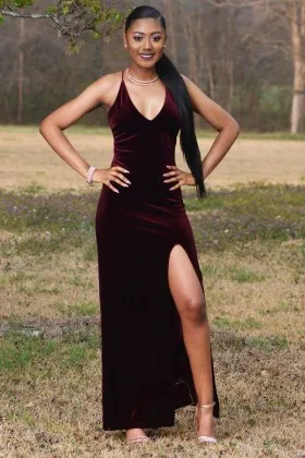 Simply burgundy velvet side slit fit and flare engagement prom dress