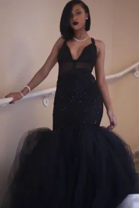 Beaded black lace and tulle trumpet mermaid African American prom dress