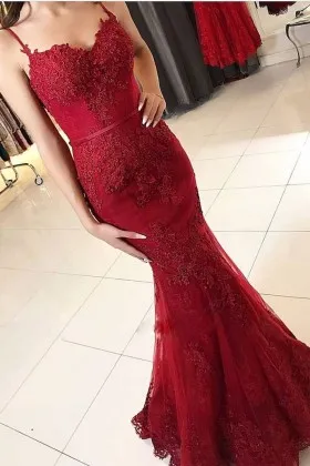 Unusual ruby red lace and tulle sweetheart spaghetti straps mermaid formal dress