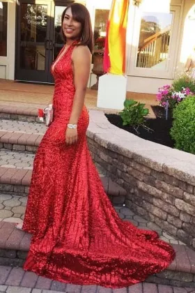 Feminine red sequin halter V neck floor length mermaid prom formal dress