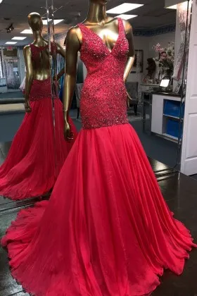 Bedazzled beaded ruby chiffon drop waist mermaid V neck pageant prom dress
