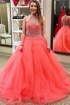 Gorgeous beaded coral tulle high neckline ball gown prom dress