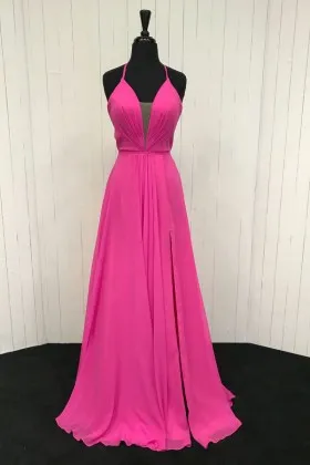 Fashionable hot pink chiffon plunging neckline A line long prom dress