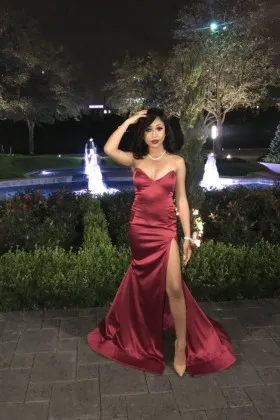 Shimmer scarlet red satin strapless thigh high slit simple long prom dress