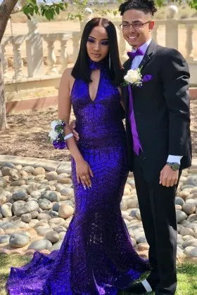 Sparkly shiny grape sequin halter mermaid African American prom dress