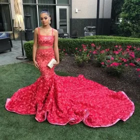 cherry red sequin and 3D rose two piece mermaid cathedral train prom dress