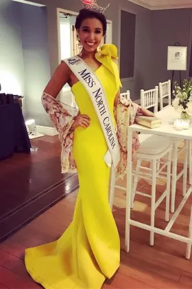 Asymmetrical ruffled one shoulder yellow mermaid long glamorous pageant dress